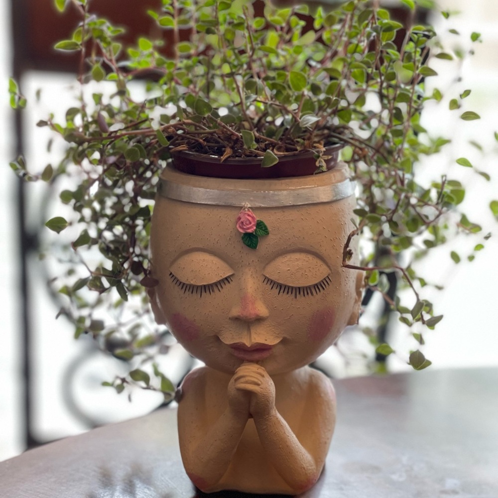 Praying head planter with plants